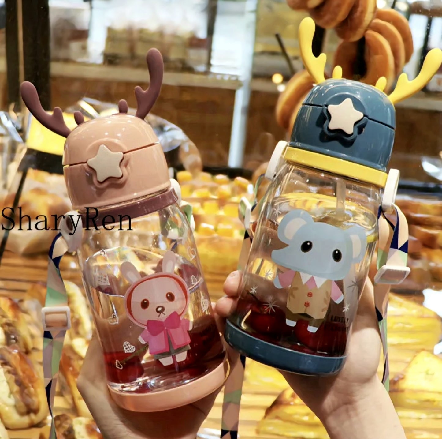 600ML Kids Water Sippy Cup Creative Cartoon Antlers Baby Feeding Cups with Straws Leakproof Water Bottles with Shoulder Strap