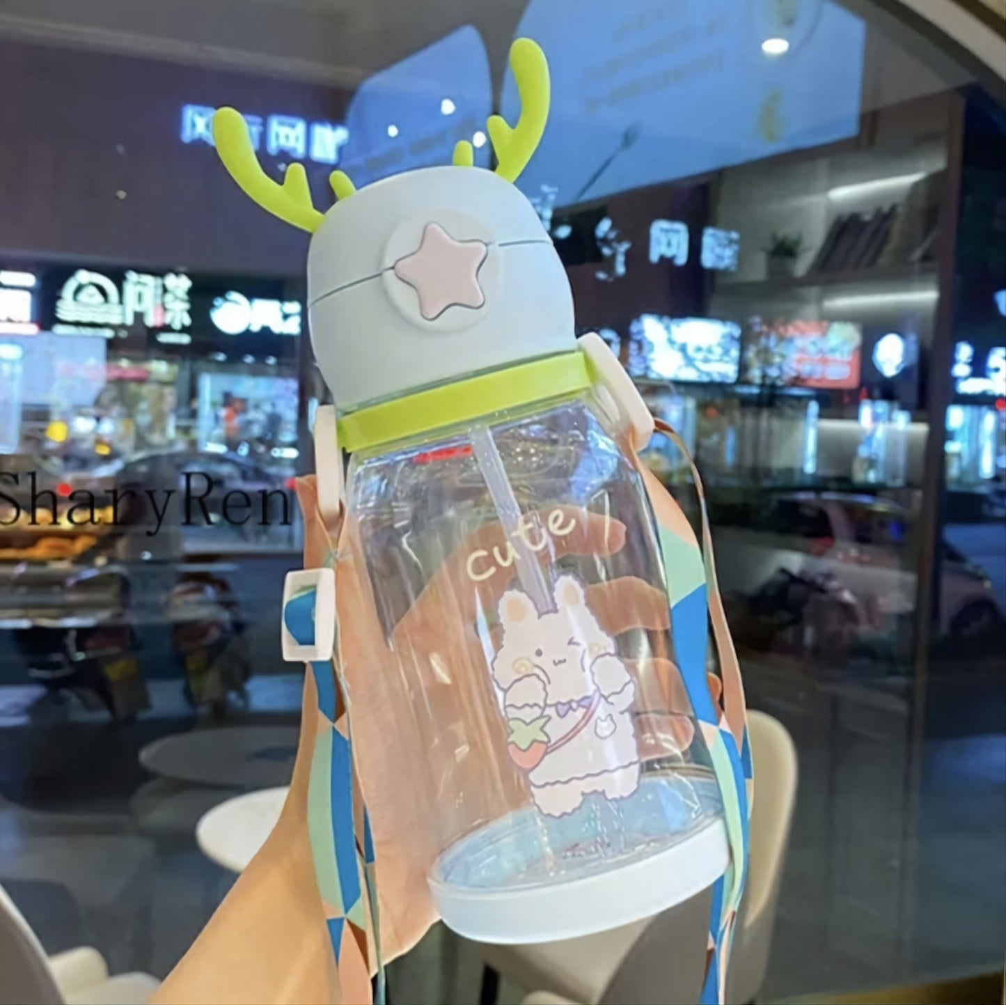 600ML Kids Water Sippy Cup Creative Cartoon Antlers Baby Feeding Cups with Straws Leakproof Water Bottles with Shoulder Strap