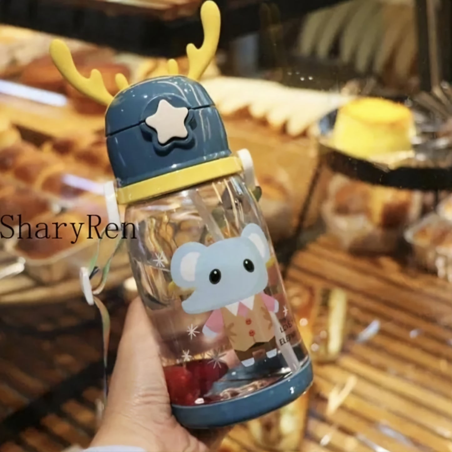 600ML Kids Water Sippy Cup Creative Cartoon Antlers Baby Feeding Cups with Straws Leakproof Water Bottles with Shoulder Strap