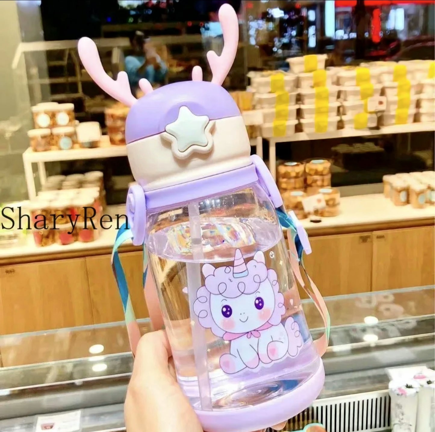 600ML Kids Water Sippy Cup Creative Cartoon Antlers Baby Feeding Cups with Straws Leakproof Water Bottles with Shoulder Strap