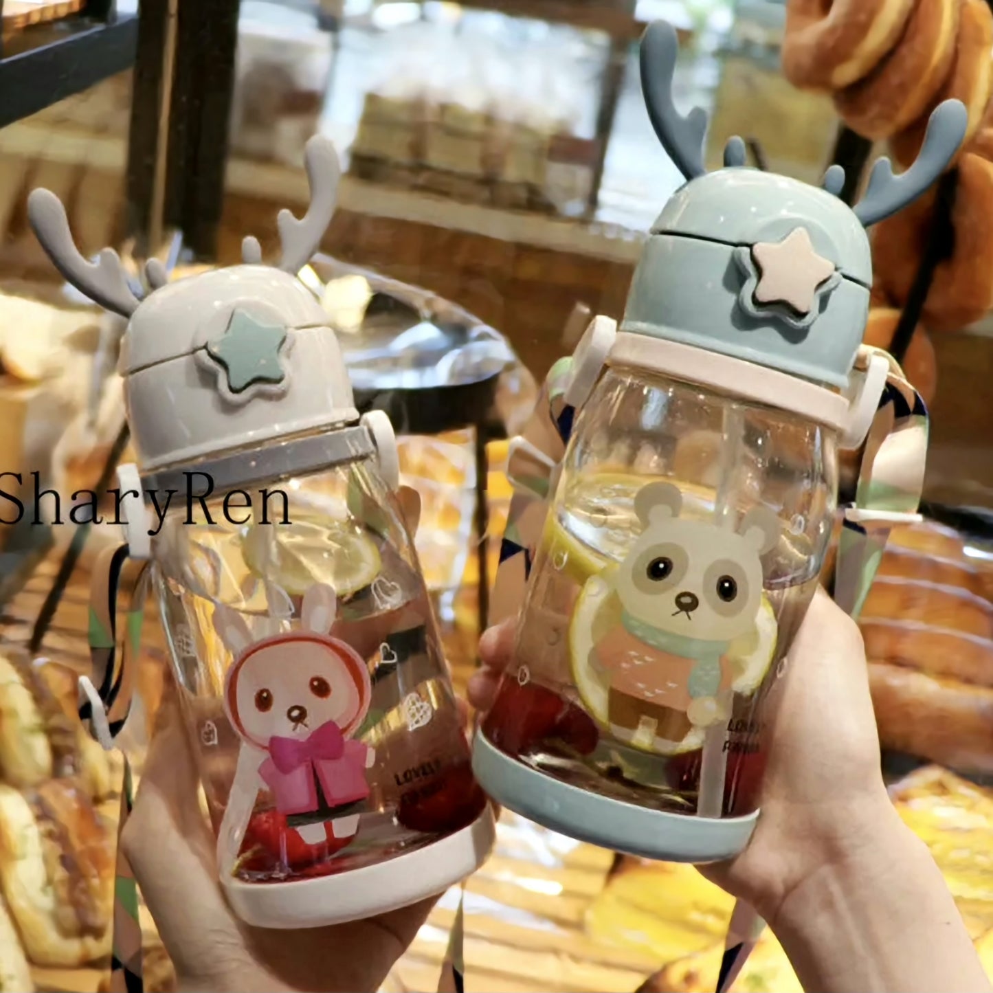 600ML Kids Water Sippy Cup Creative Cartoon Antlers Baby Feeding Cups with Straws Leakproof Water Bottles with Shoulder Strap