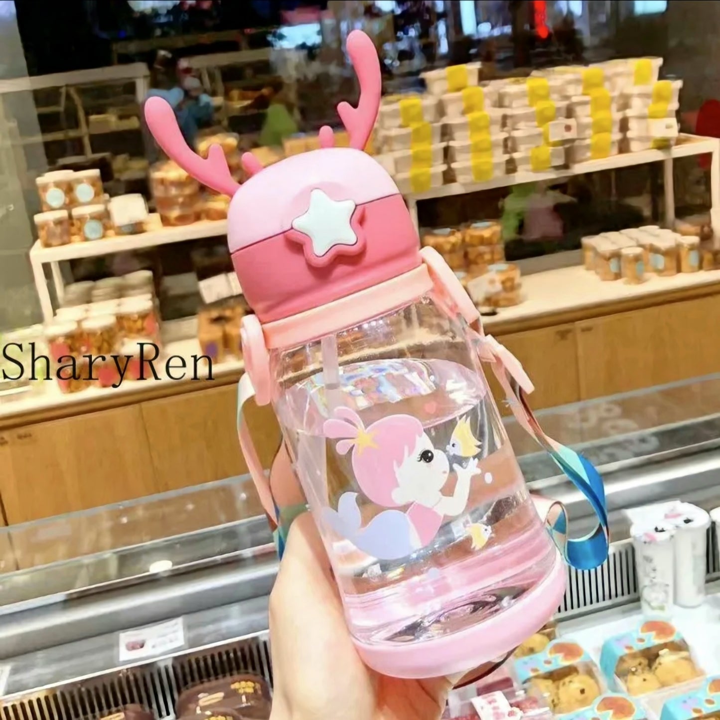 600ML Kids Water Sippy Cup Creative Cartoon Antlers Baby Feeding Cups with Straws Leakproof Water Bottles with Shoulder Strap