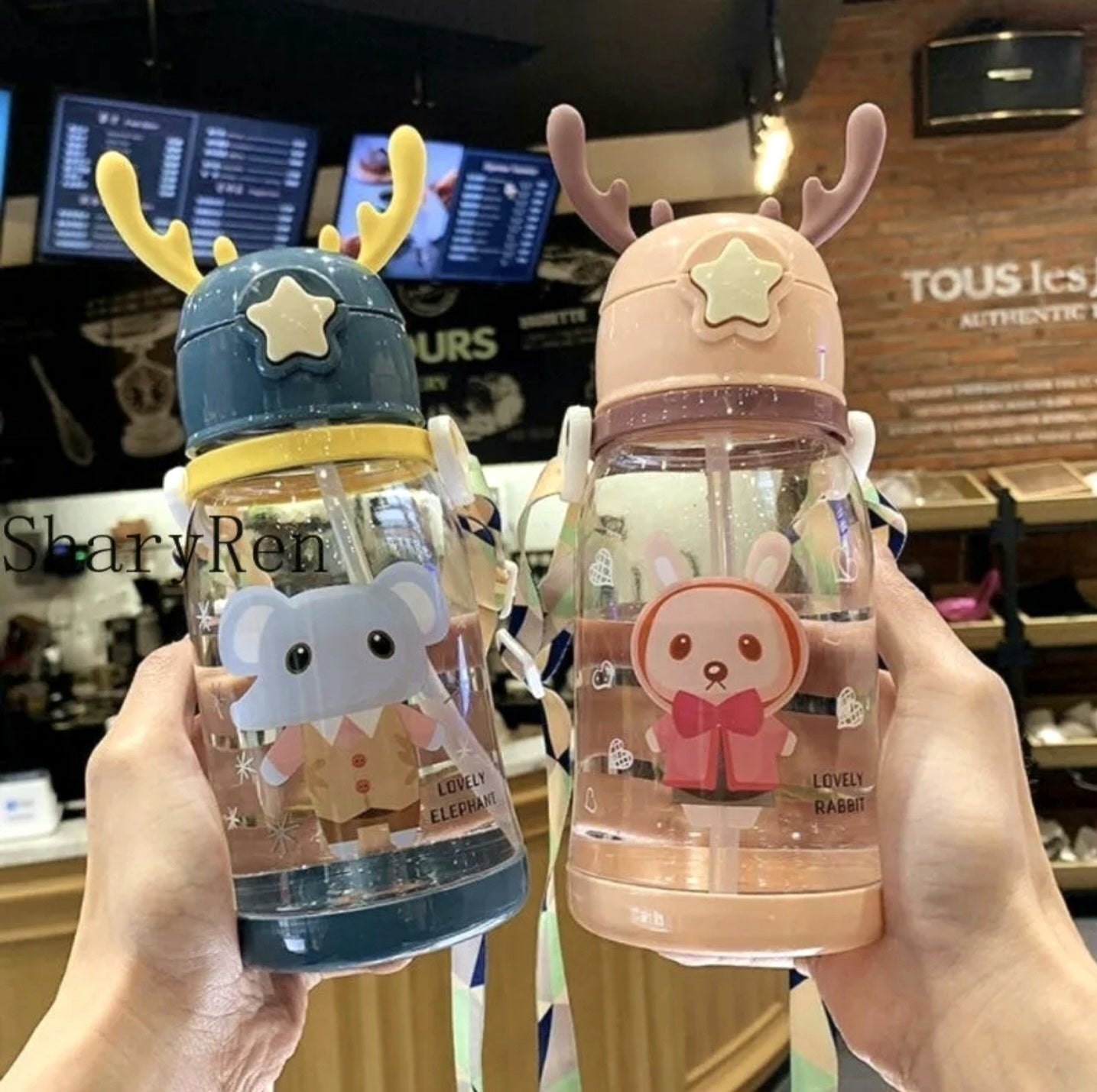 600ML Kids Water Sippy Cup Creative Cartoon Antlers Baby Feeding Cups with Straws Leakproof Water Bottles with Shoulder Strap