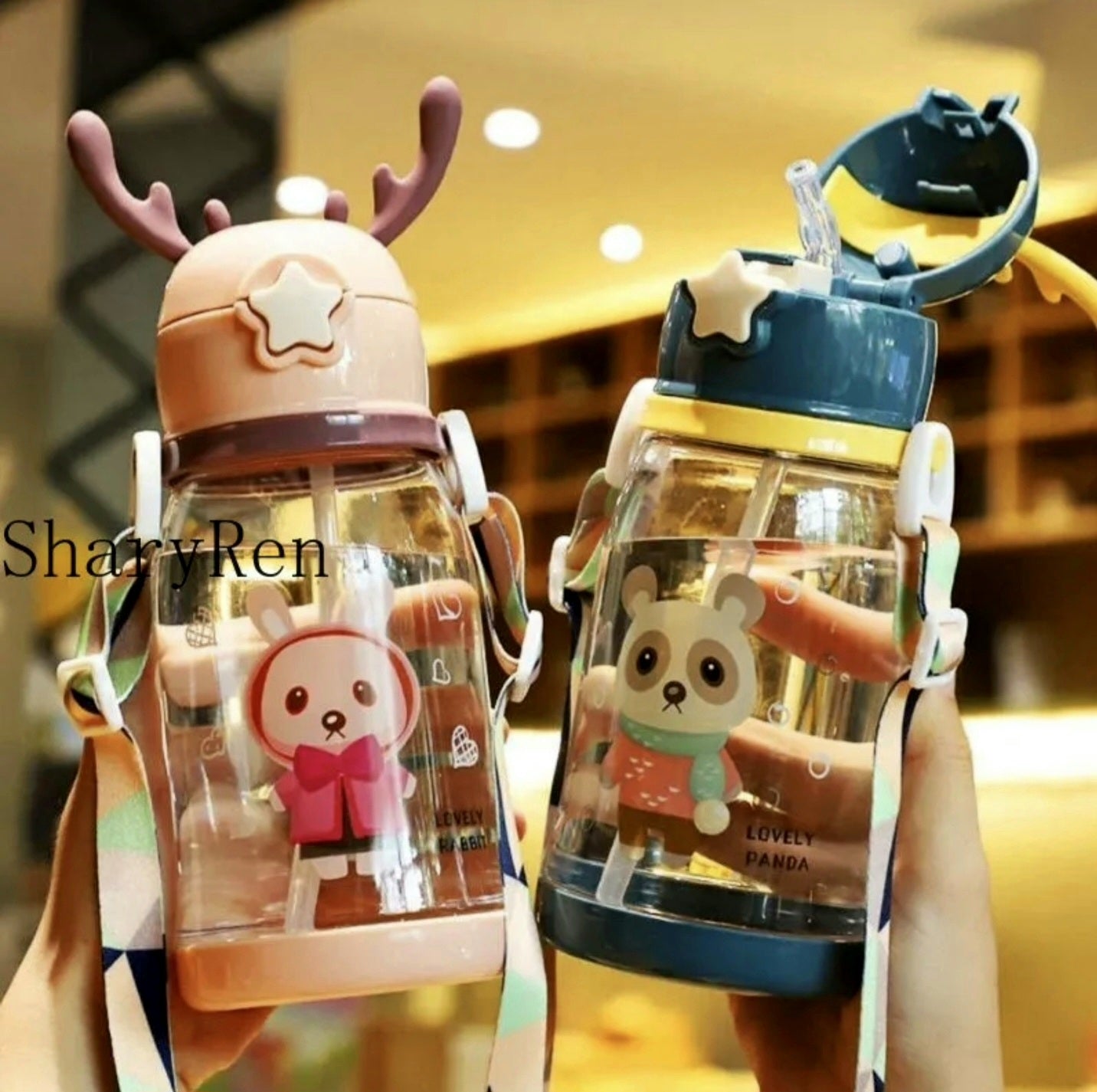 600ML Kids Water Sippy Cup Creative Cartoon Antlers Baby Feeding Cups with Straws Leakproof Water Bottles with Shoulder Strap