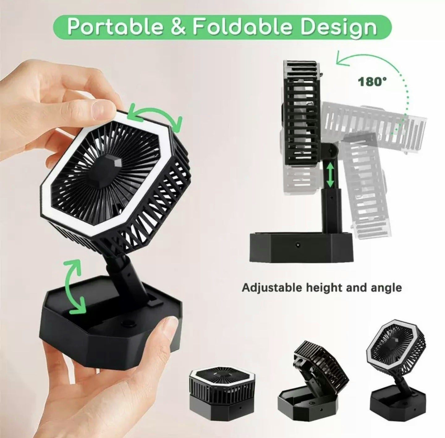 2 In 1 Mini Cooling Fan With Led Light Portable Foldable Adjustable Height Angle Usb Rechargeable Air Cooler Fan