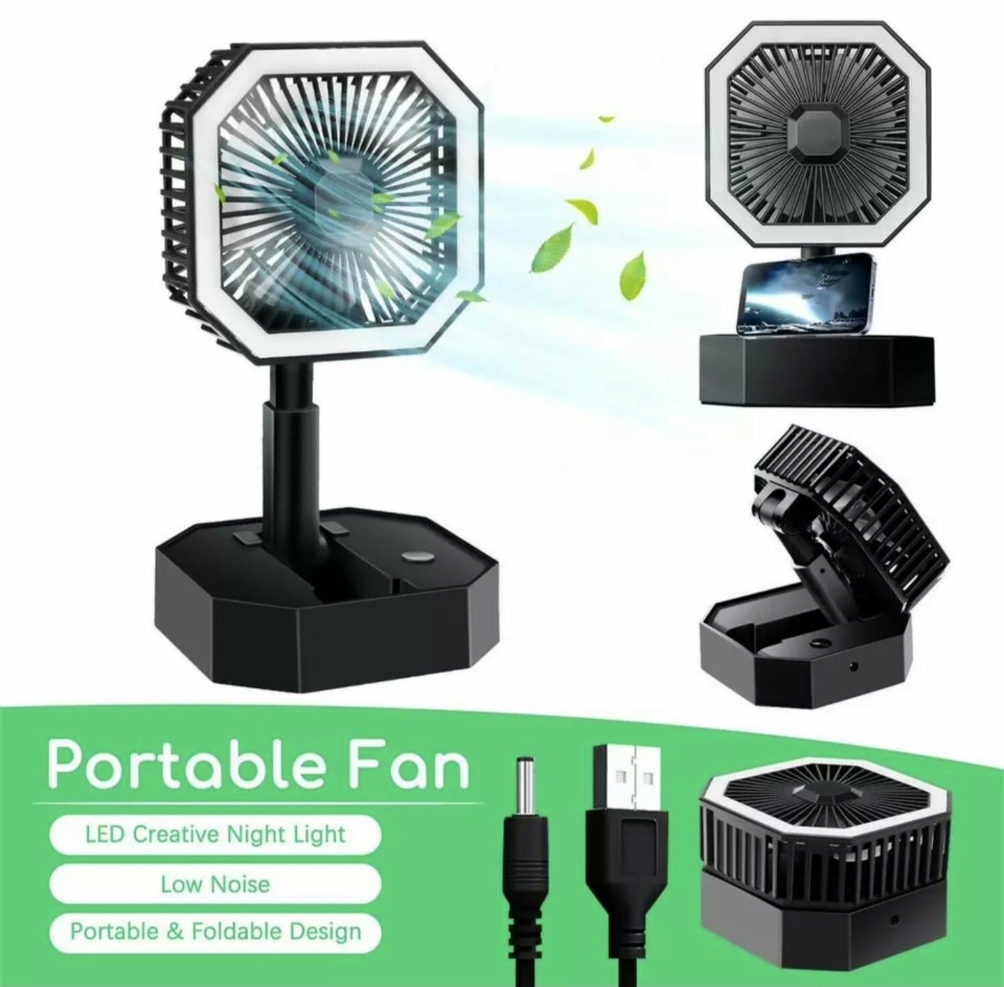 2 In 1 Mini Cooling Fan With Led Light Portable Foldable Adjustable Height Angle Usb Rechargeable Air Cooler Fan