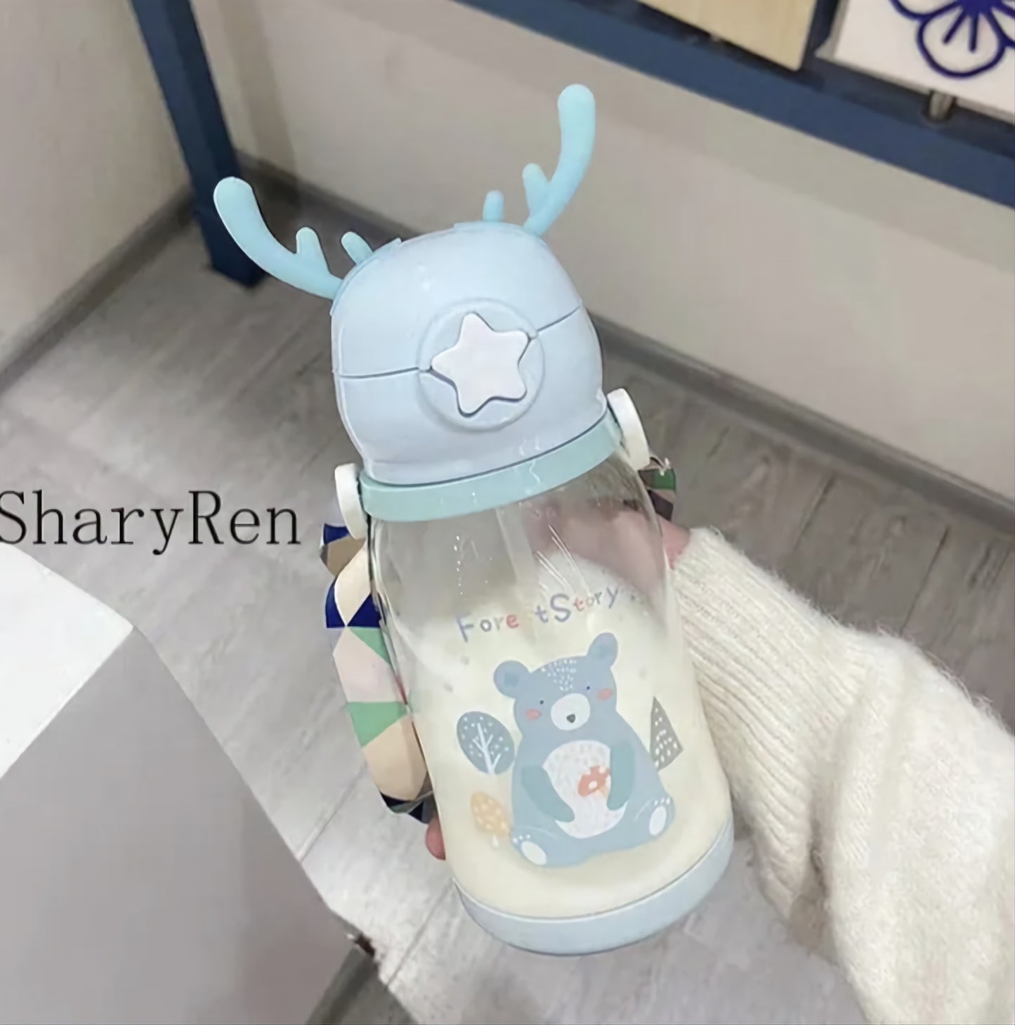 600ML Kids Water Sippy Cup Creative Cartoon Antlers Baby Feeding Cups with Straws Leakproof Water Bottles with Shoulder Strap