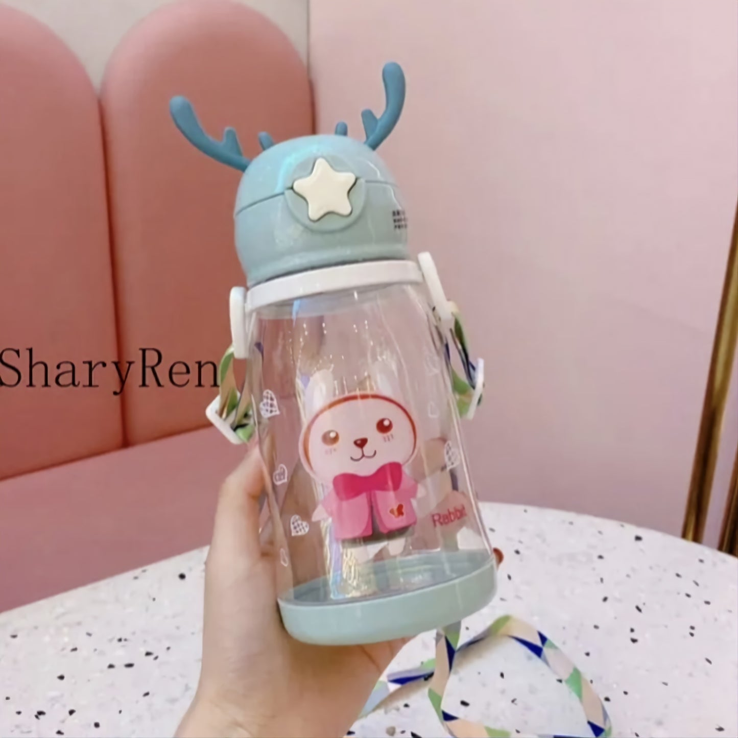 600ML Kids Water Sippy Cup Creative Cartoon Antlers Baby Feeding Cups with Straws Leakproof Water Bottles with Shoulder Strap