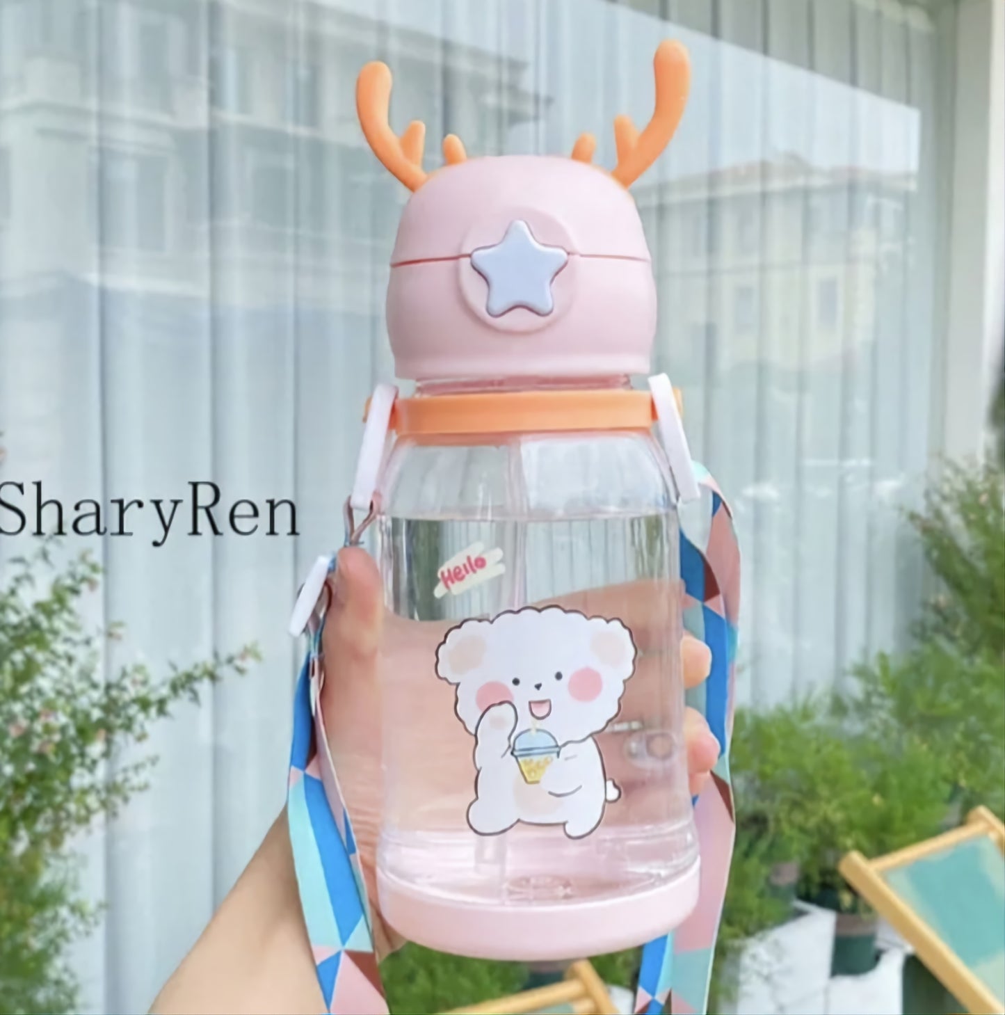 600ML Kids Water Sippy Cup Creative Cartoon Antlers Baby Feeding Cups with Straws Leakproof Water Bottles with Shoulder Strap