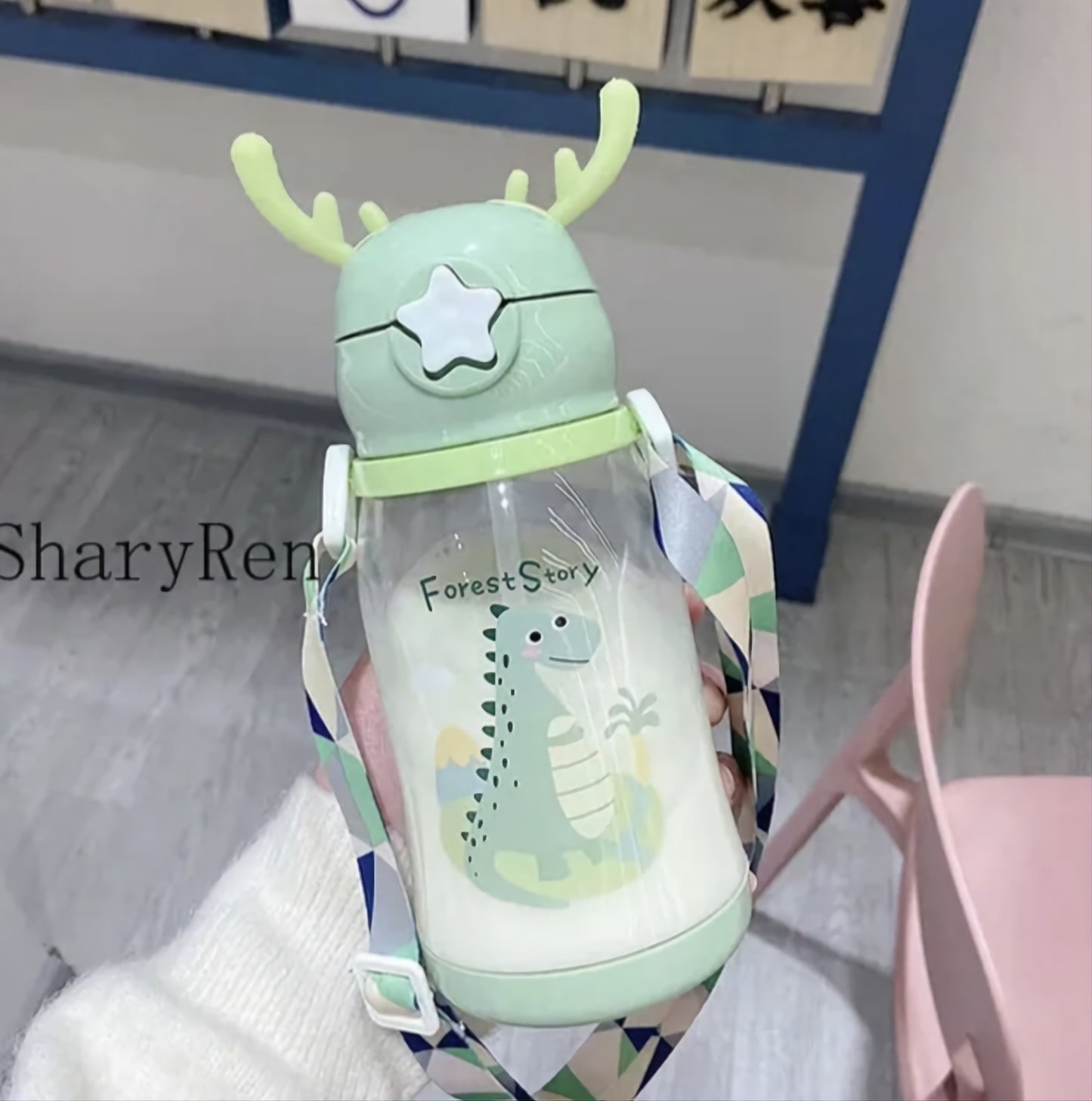 600ML Kids Water Sippy Cup Creative Cartoon Antlers Baby Feeding Cups with Straws Leakproof Water Bottles with Shoulder Strap