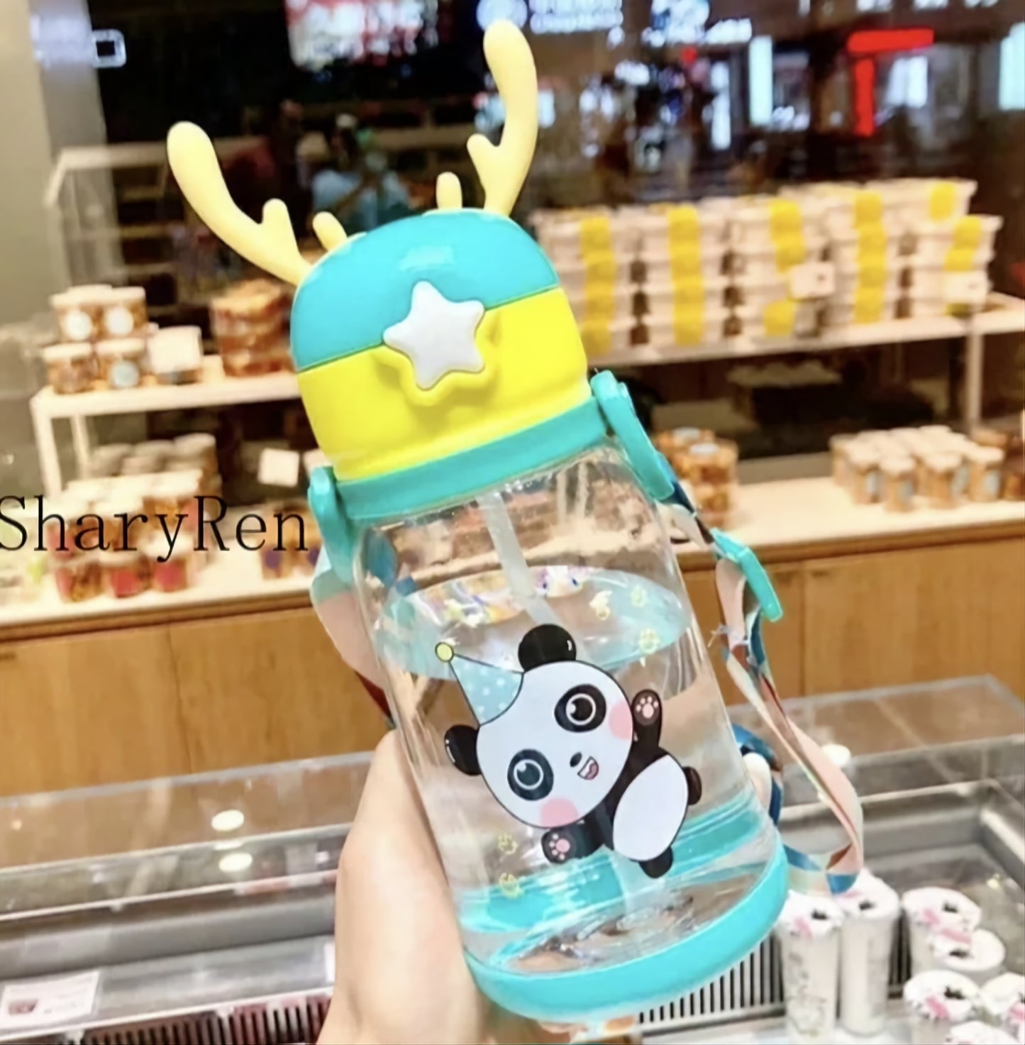 600ML Kids Water Sippy Cup Creative Cartoon Antlers Baby Feeding Cups with Straws Leakproof Water Bottles with Shoulder Strap