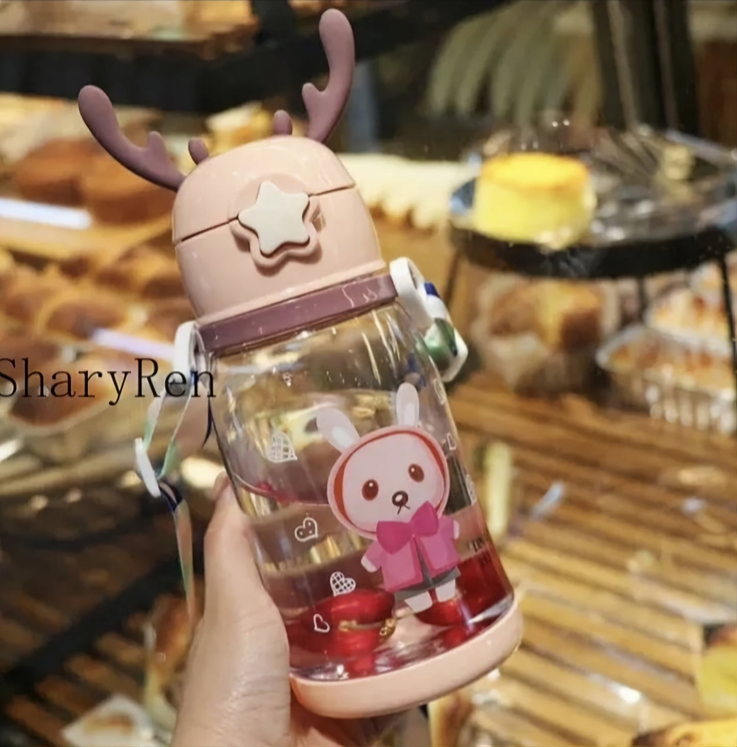 600ML Kids Water Sippy Cup Creative Cartoon Antlers Baby Feeding Cups with Straws Leakproof Water Bottles with Shoulder Strap