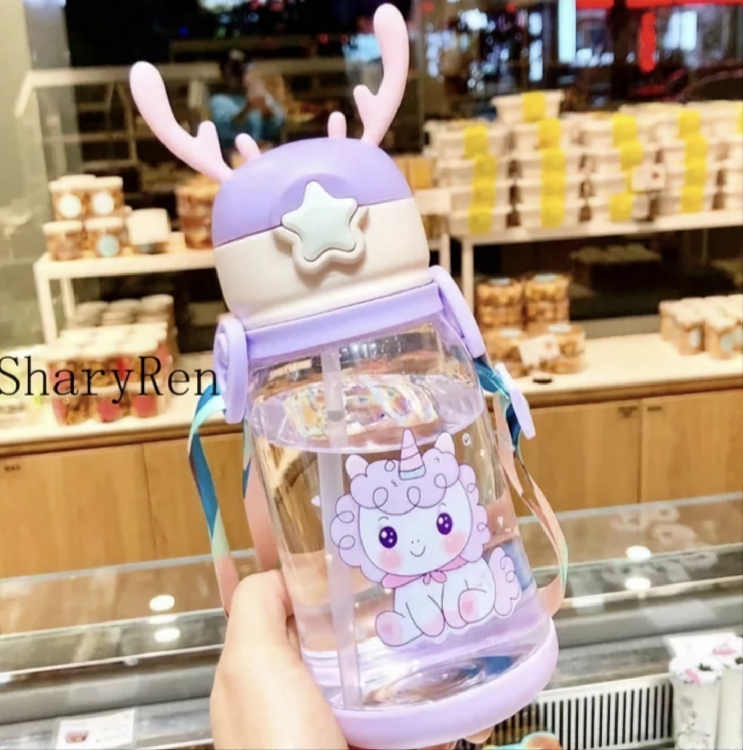 600ML Kids Water Sippy Cup Creative Cartoon Antlers Baby Feeding Cups with Straws Leakproof Water Bottles with Shoulder Strap