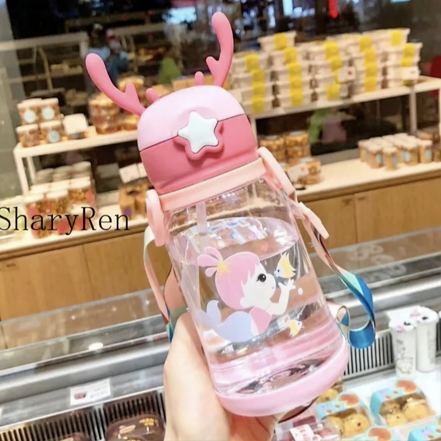 600ML Kids Water Sippy Cup Creative Cartoon Antlers Baby Feeding Cups with Straws Leakproof Water Bottles with Shoulder Strap