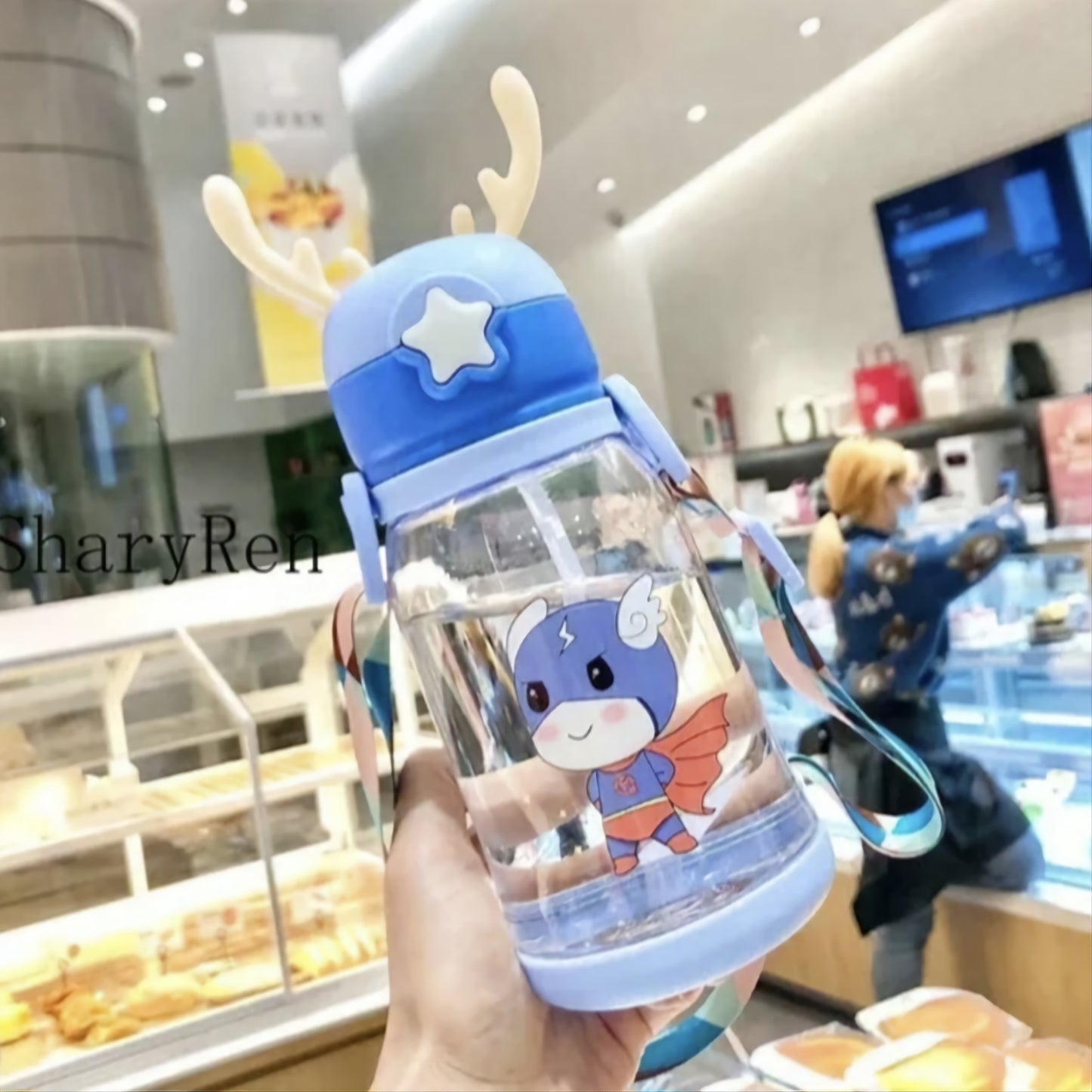 600ML Kids Water Sippy Cup Creative Cartoon Antlers Baby Feeding Cups with Straws Leakproof Water Bottles with Shoulder Strap